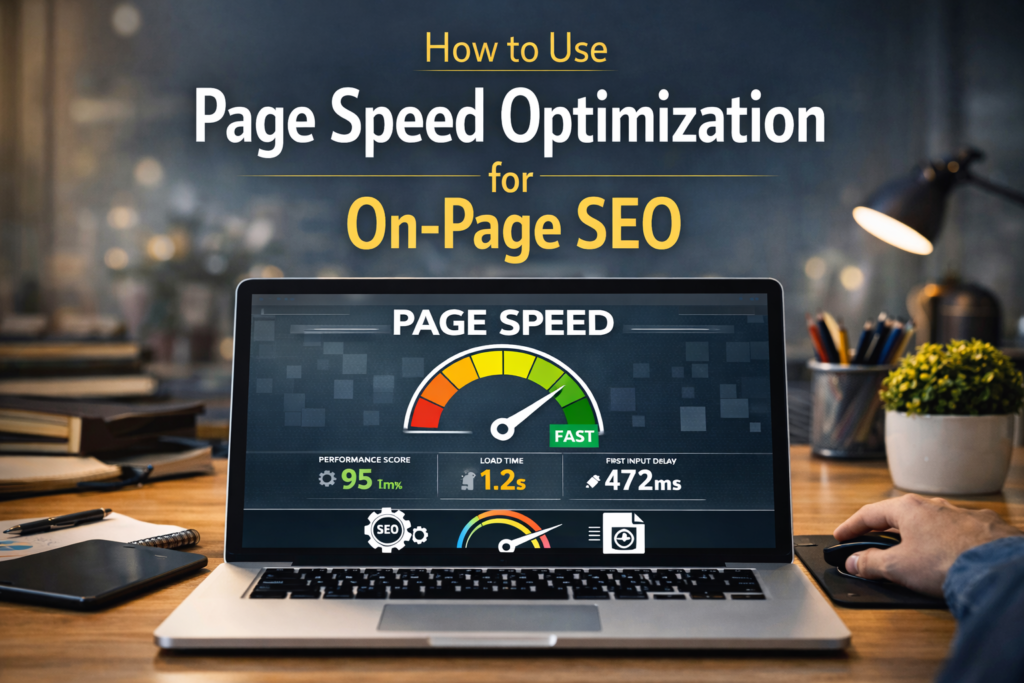 Page Speed Optimization for On-Page SEO showing website speed performance dashboard on laptop